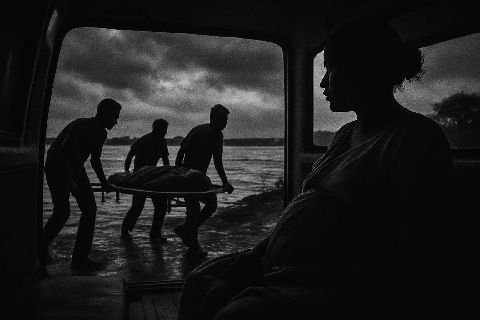 Grayscale editorial illustration: નર્મદામાં રેડ એલર્ટ વચ્ચે ઓપરેશન સેફ ડિલિવરી, 72 કલાકમાં 101 ખસેડાયા, 25 પ્રસૂતિ