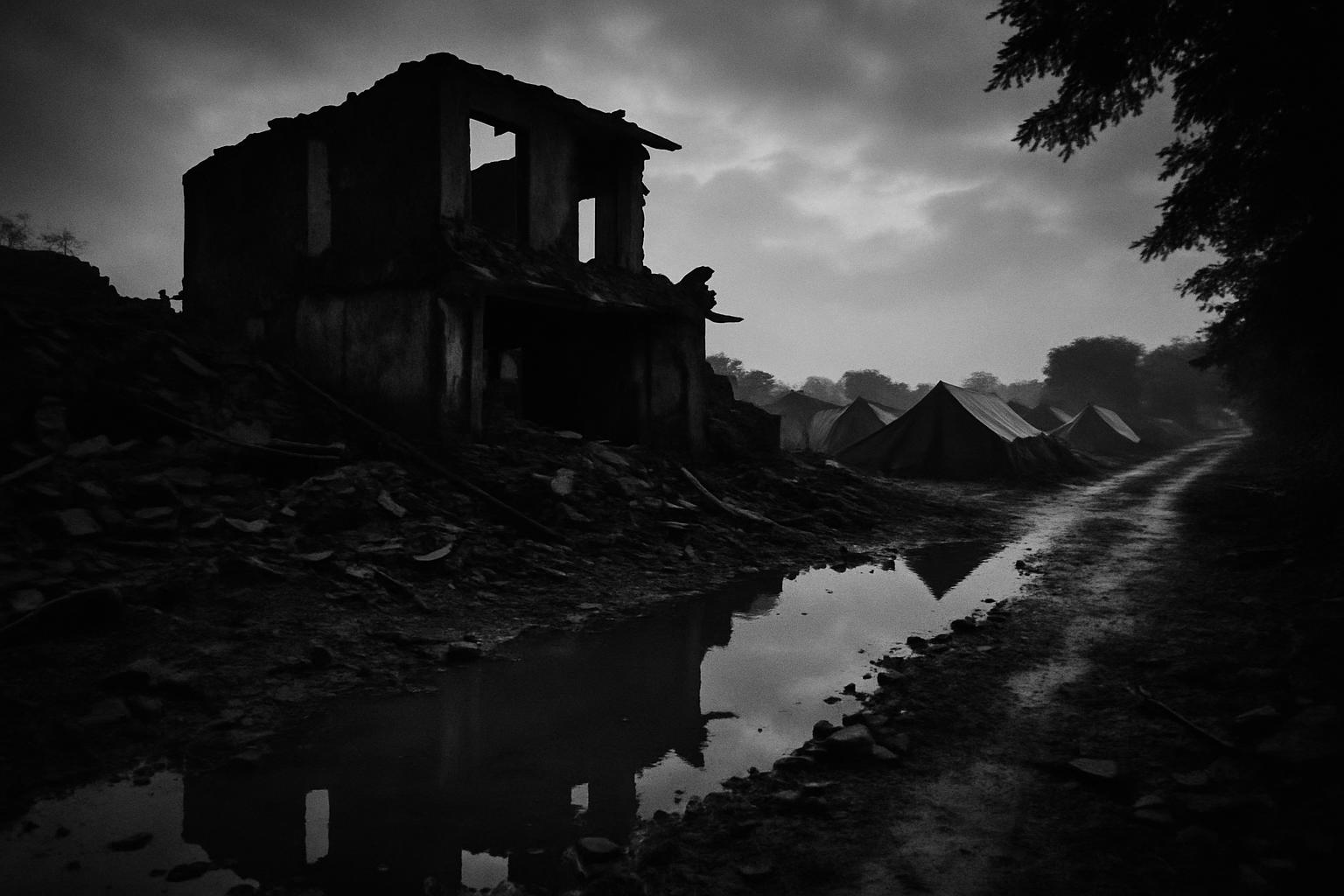 Grayscale editorial illustration: નવસારીનું પૂર ઉતરતાં મોટો પાઠ: રાહત પછી હવે પારદર્શક રીબિલ્ડ જરૂરી
