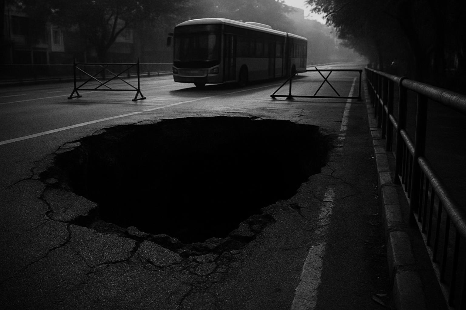 Grayscale editorial illustration: સહજાનંદ પાસે મહાકાય ભૂવો પડ્યો, BRTS રૂટ બંધ, હવે અમદાવાદને સબસિડન્સ-રિસ્કનો સચોટ ઓડિટ જોઈએ